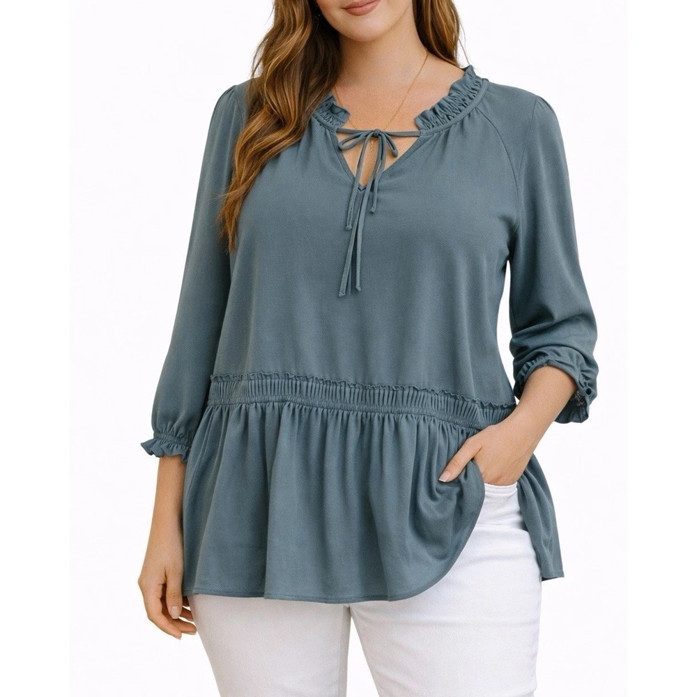 Blue‎ Rain Womens Blouse Blue S Peplum Chiffon Long Sleeve Tie Neck